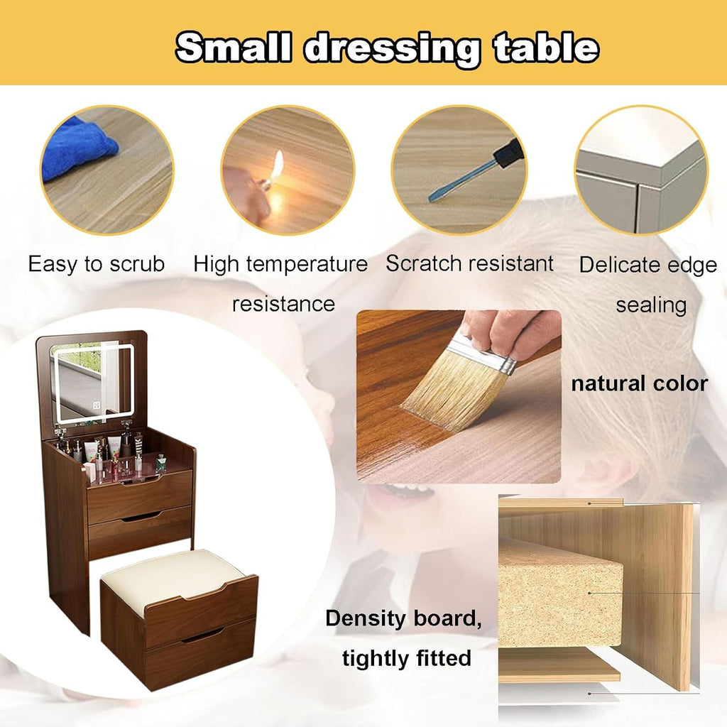 Walker Edison | Coiffeuse 3 en 1 en noyer avec miroir rabattable et tabouret rembourré