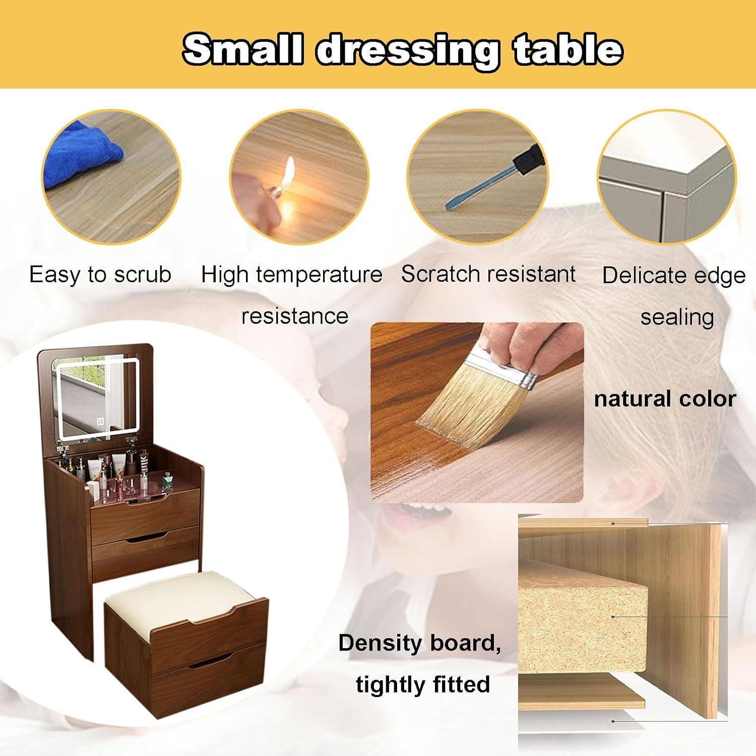 Walker Edison | Coiffeuse 3 en 1 en noyer avec miroir rabattable et tabouret rembourré