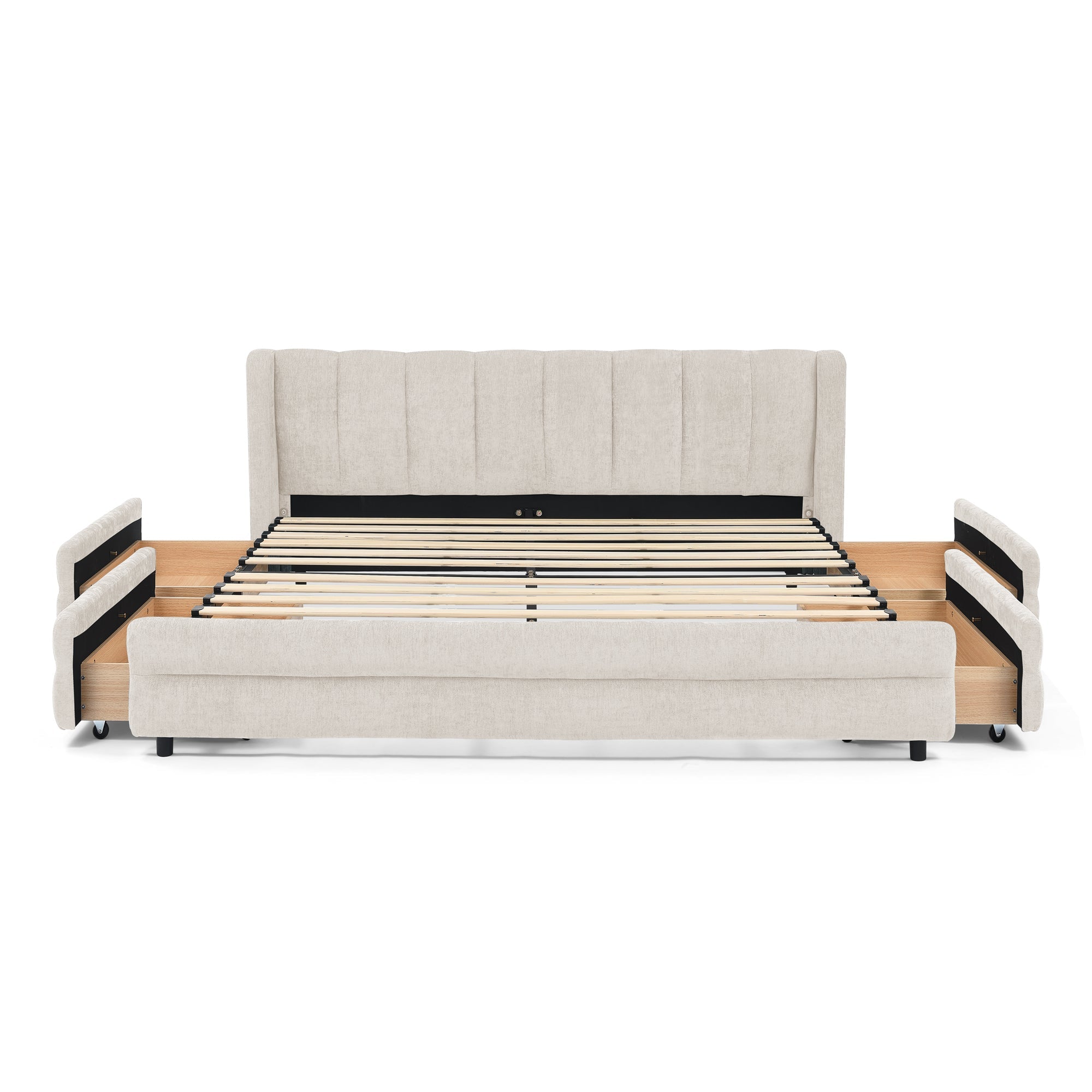 Cadre de lit rembourré en chenille, format queen, avec tiroirs 