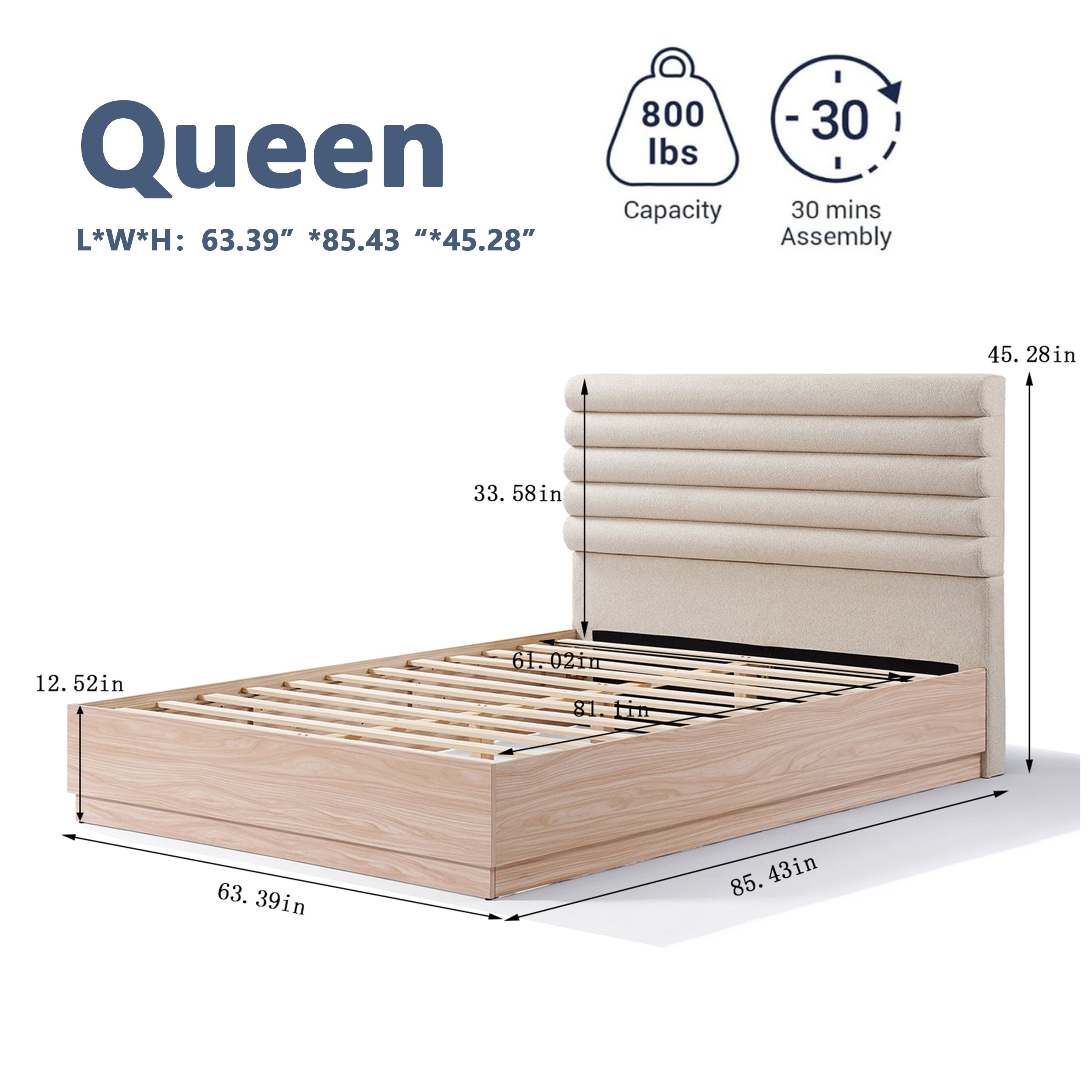 Tête de lit rembourrée en tissu bouclé, cadre de lit en bois pour lit queen size