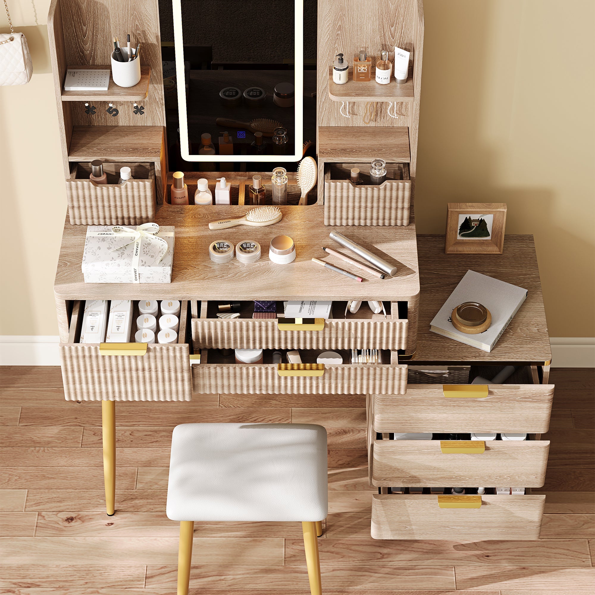 Coiffeuse moderne cannelée avec miroir LED et tabouret