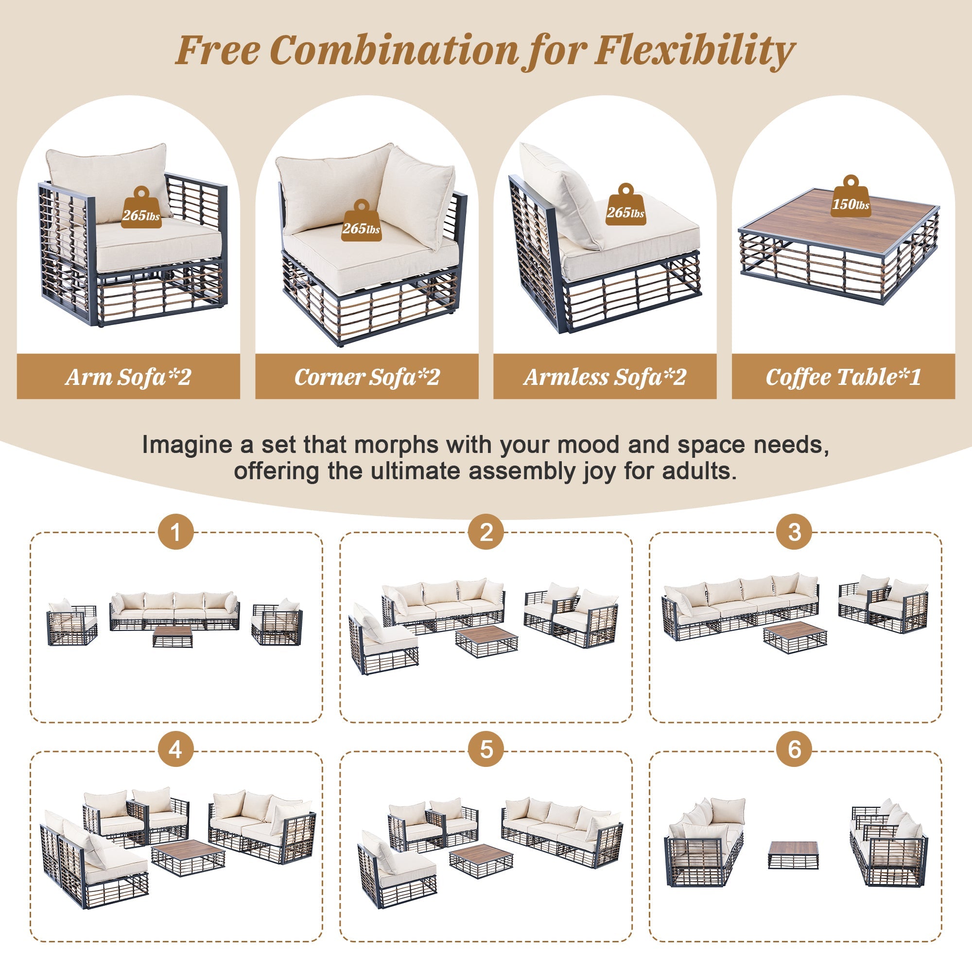 Walker Edison | Ensemble de canapé d'angle 7 pièces en métal, style minimaliste moderne, pour terrasse extérieure