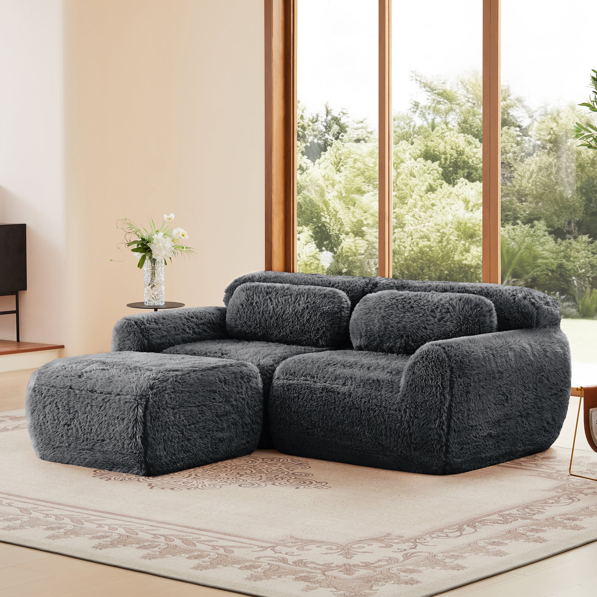 Canapé d'angle deux places ergonomique en peluche douce avec pouf
