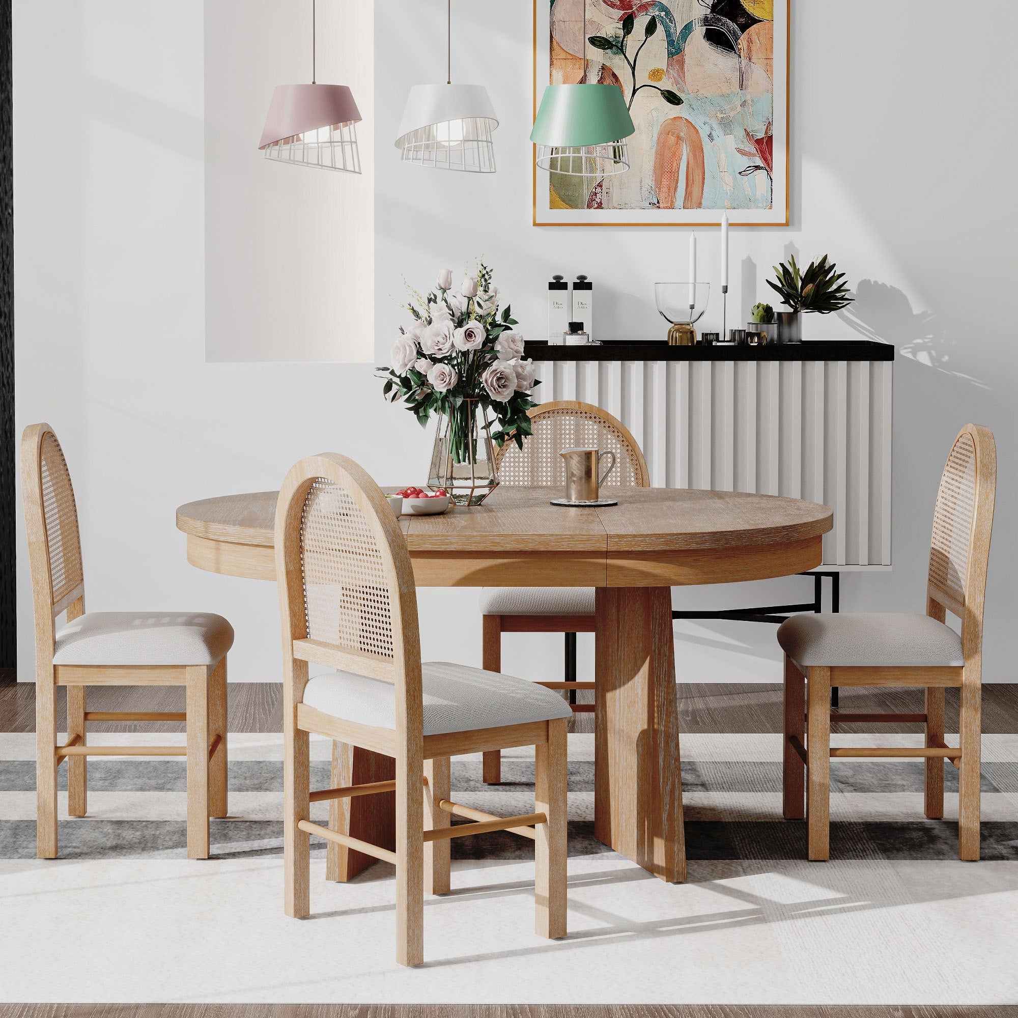 Walker Edison | Ensemble table et chaises de salle à manger rondes extensibles 5 pièces pour 4 personnes