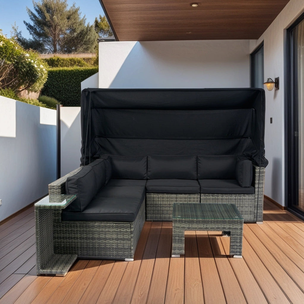 Ensemble de canapés d'angle 7 pièces en rotin tressé avec auvent pour terrasse extérieure Walker Edison 