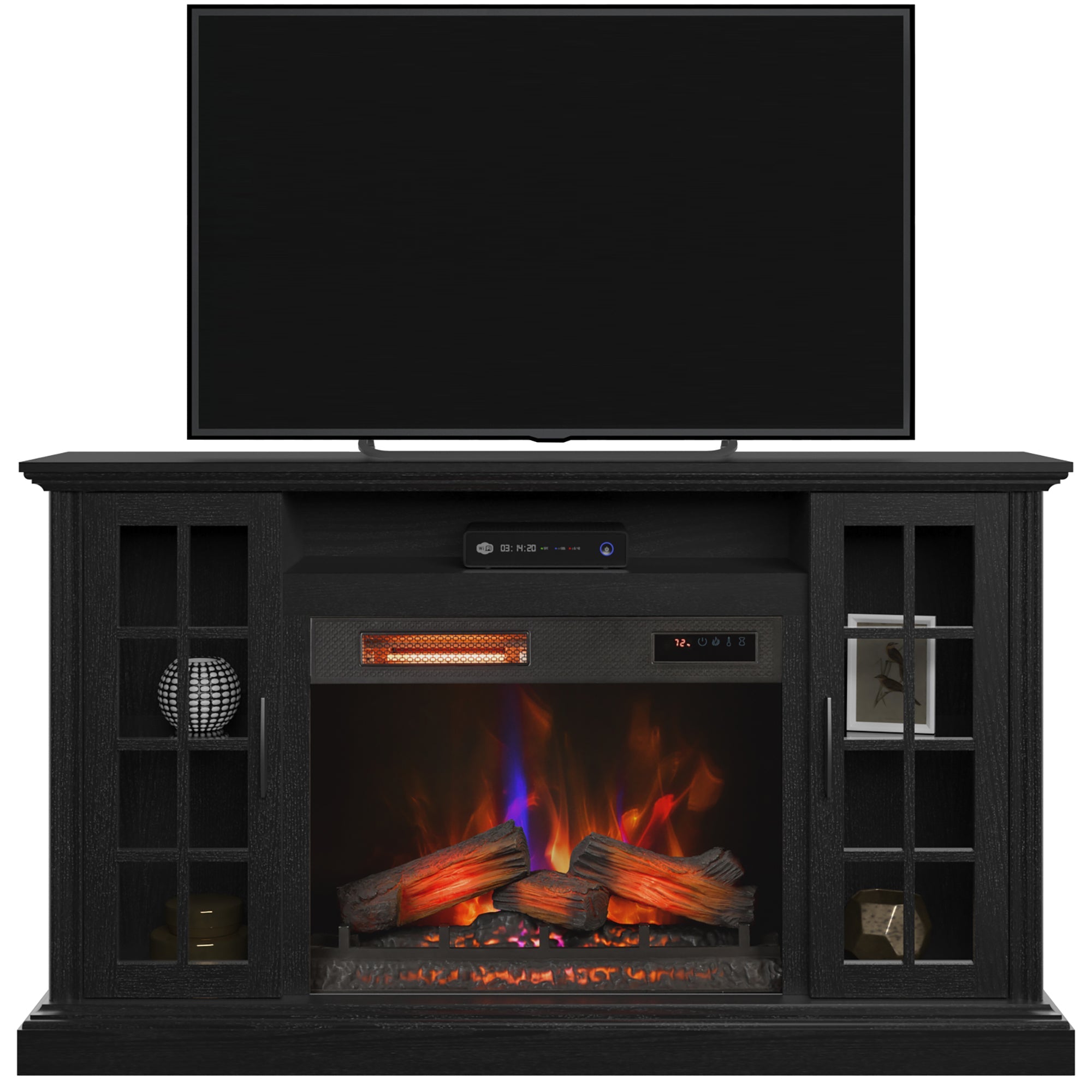 Duraflame ? Porte vitrée à carreaux, cheminée électrique, meuble TV, console multimédia