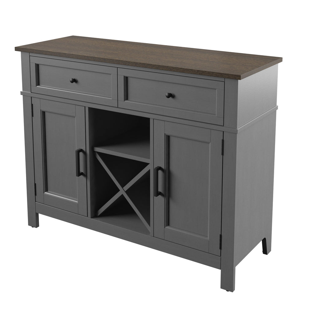 Buffet de style campagnard avec étagères à vin et rangement pour verres à pied