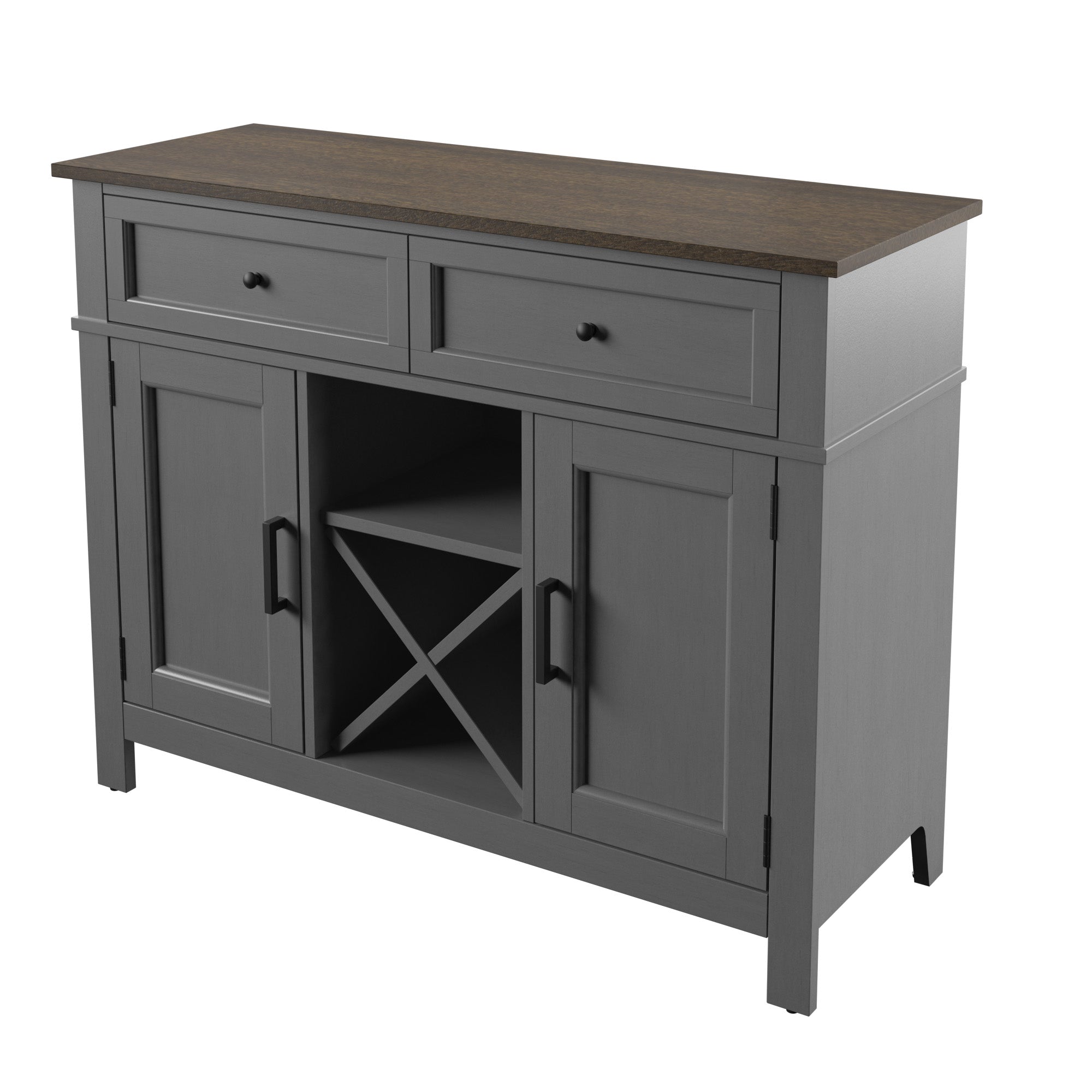 Buffet de style campagnard avec étagères à vin et rangement pour verres à pied