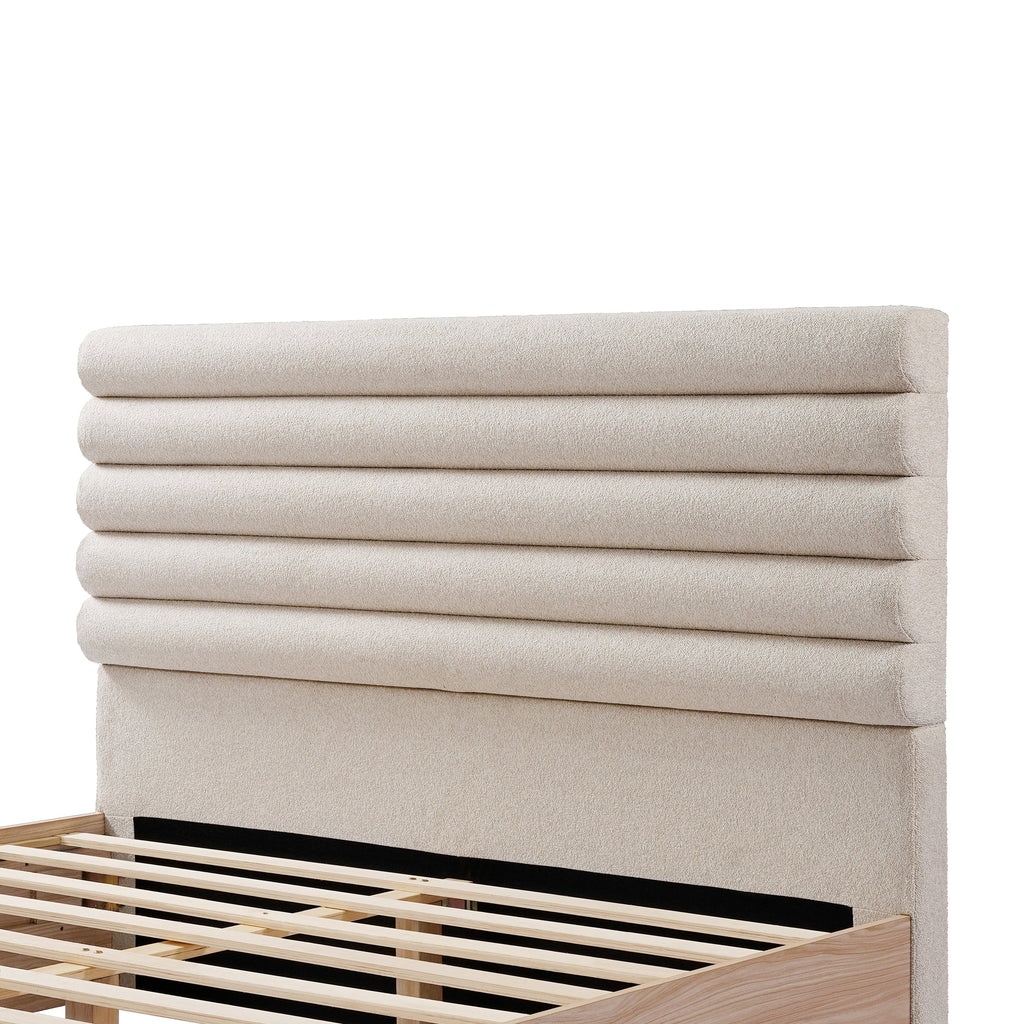 Tête de lit rembourrée en tissu bouclé, cadre de lit en bois pour lit queen size
