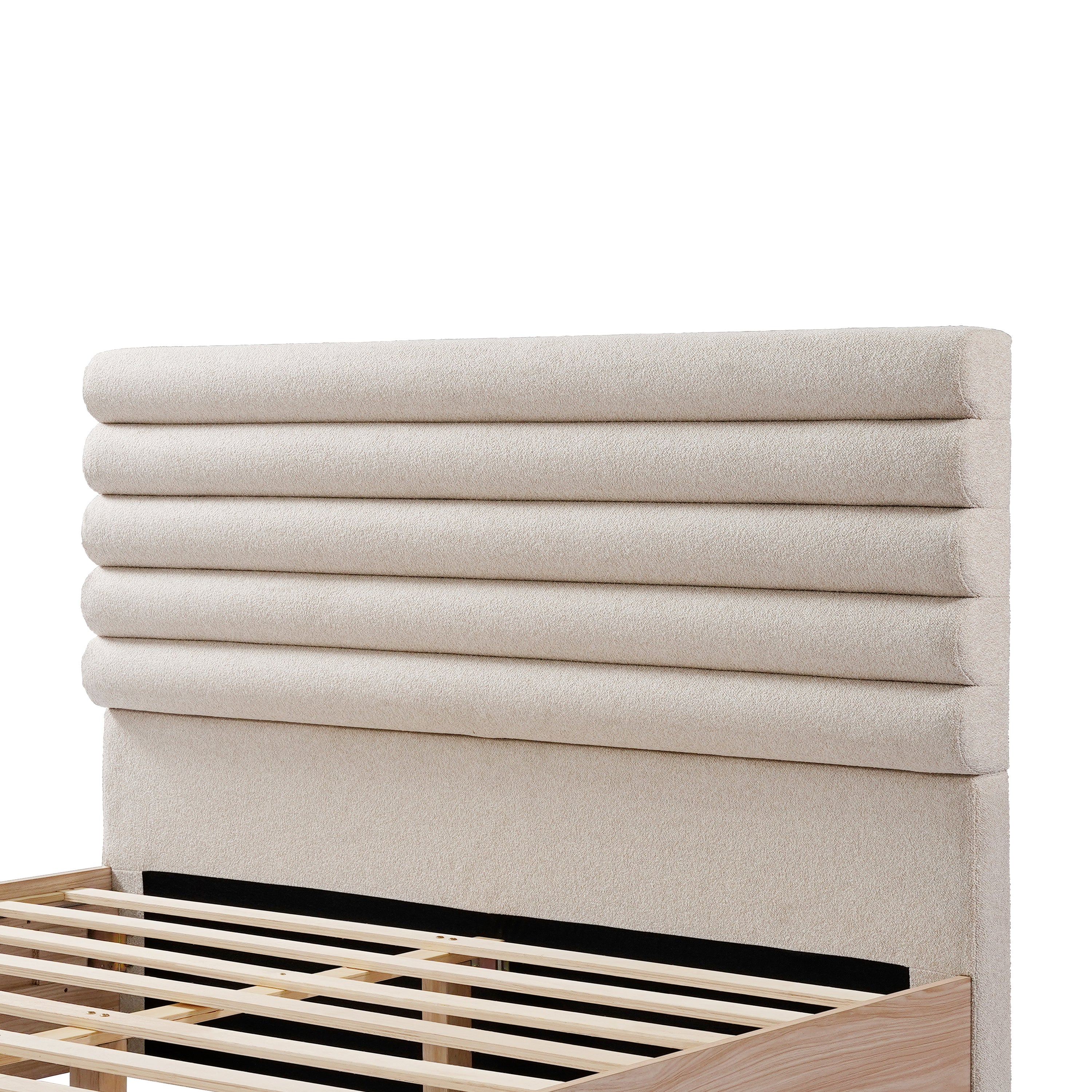 Tête de lit rembourrée en tissu bouclé, cadre de lit en bois pour lit queen size