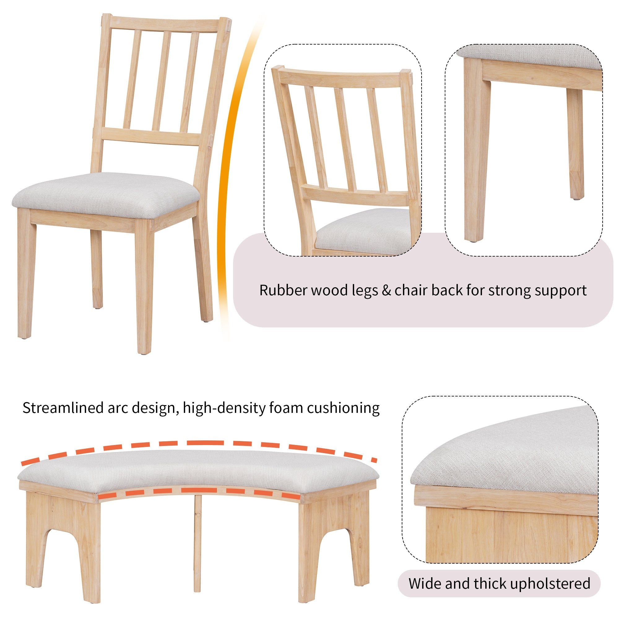 Walker Edison | Charmant ensemble de salle à manger rustique rond 5 pièces avec chaises et banc incurvé 