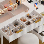 Walker Edison | Coiffeuse blanche cannelée avec miroir et éclairage, plateau en verre 