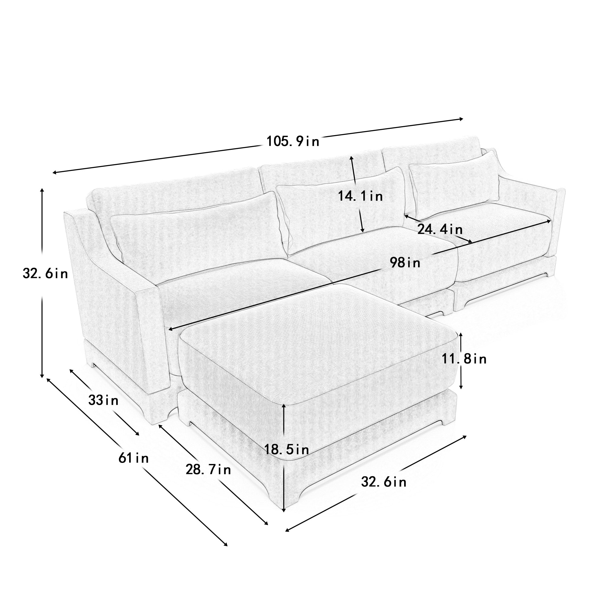 Walker Edison | Canapé d'angle en chenille et mousse haute résilience avec poufs 