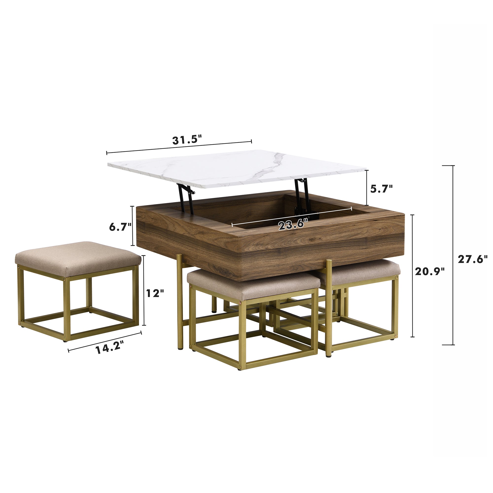 Walker Edison | Ensemble table basse carrée moderne à plateau relevable avec 4 poufs 