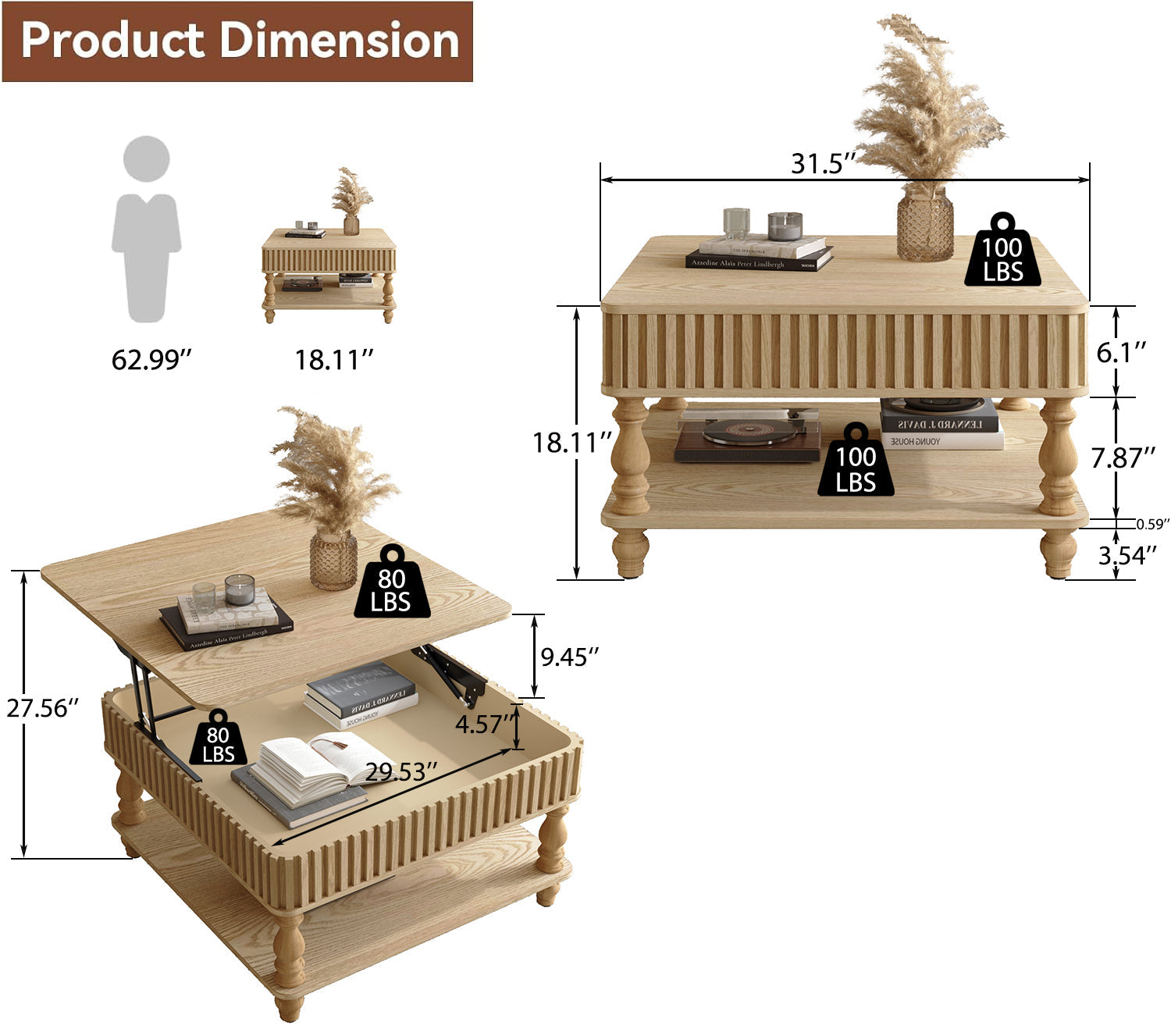 Walker Edison | Table basse traditionnelle cannelée à plateau relevable