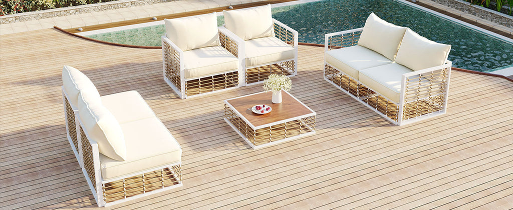 Ensemble de canapés d'angle d'extérieur Walker Edison | Blanc, moderne et minimaliste, 7 pièces, en métal.