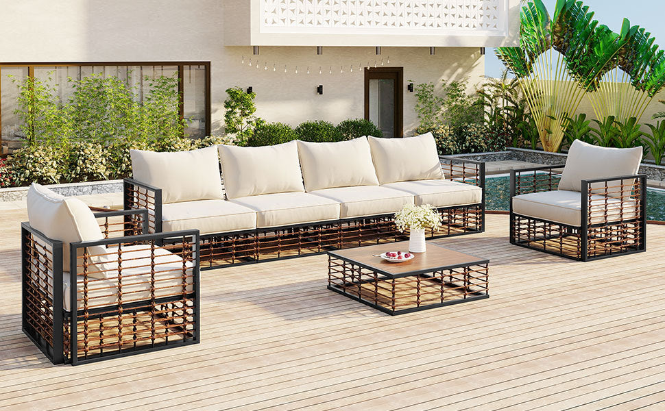Walker Edison | Ensemble de canapé d'angle 7 pièces en métal, style minimaliste moderne, pour terrasse extérieure
