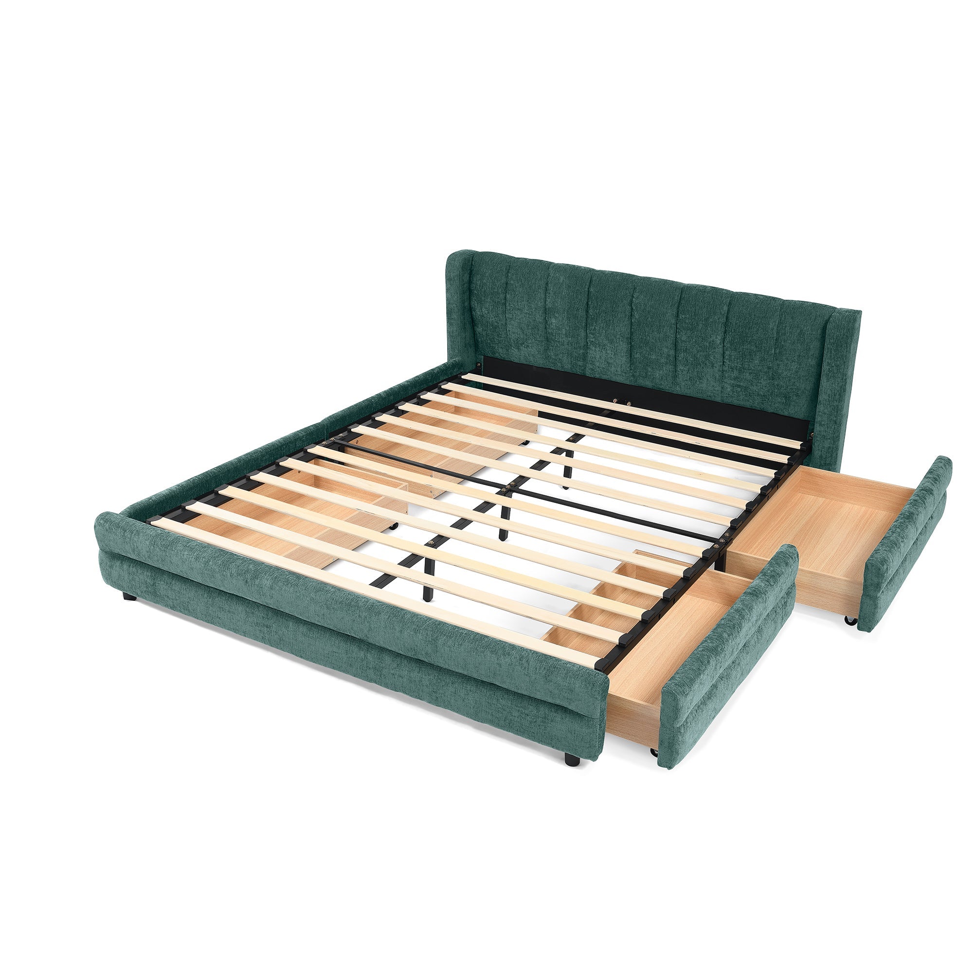 Cadre de lit rembourré en chenille, format queen, avec tiroirs 