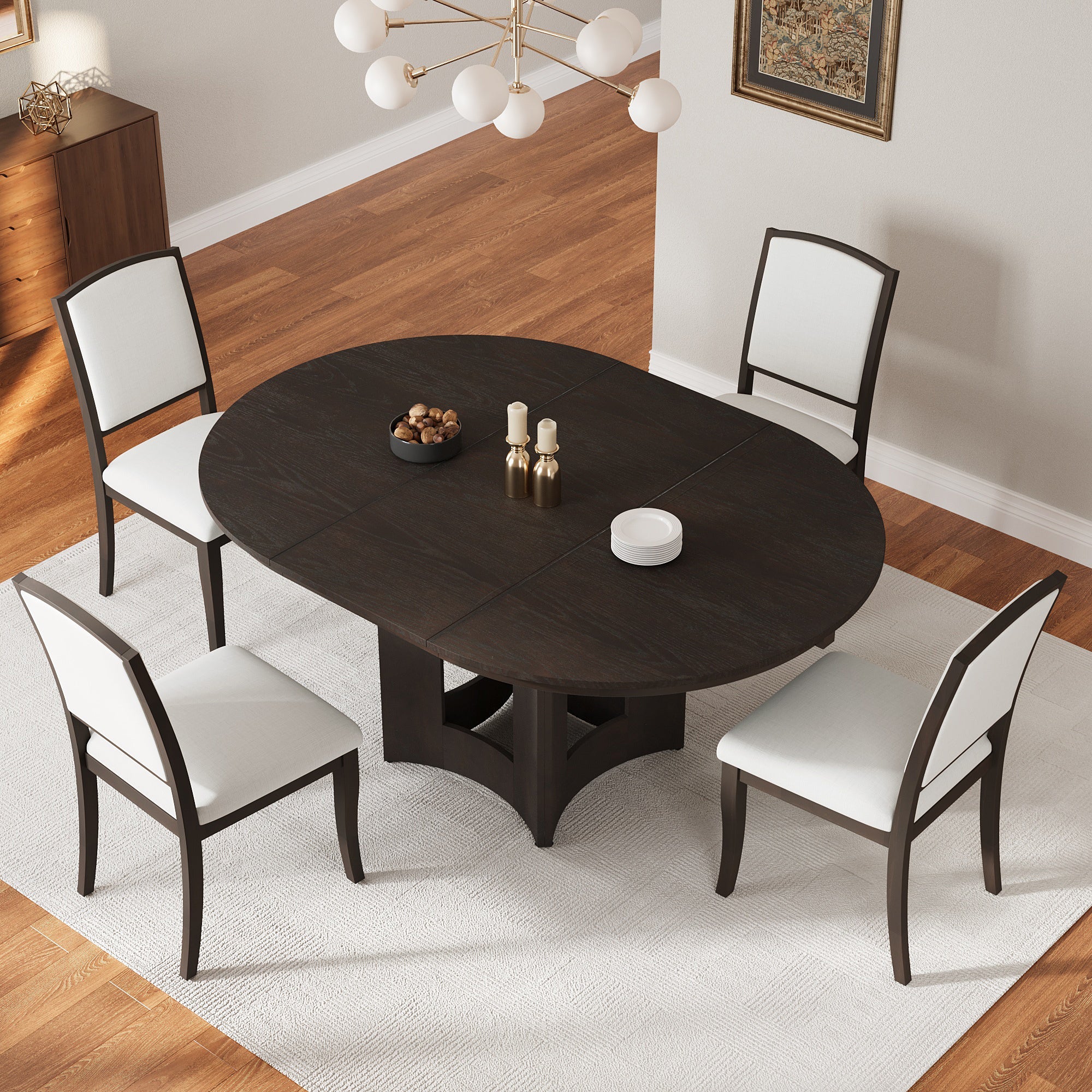 Ensemble table et chaises de salle à manger rondes extensibles, style classique moderne, pour 4 personnes