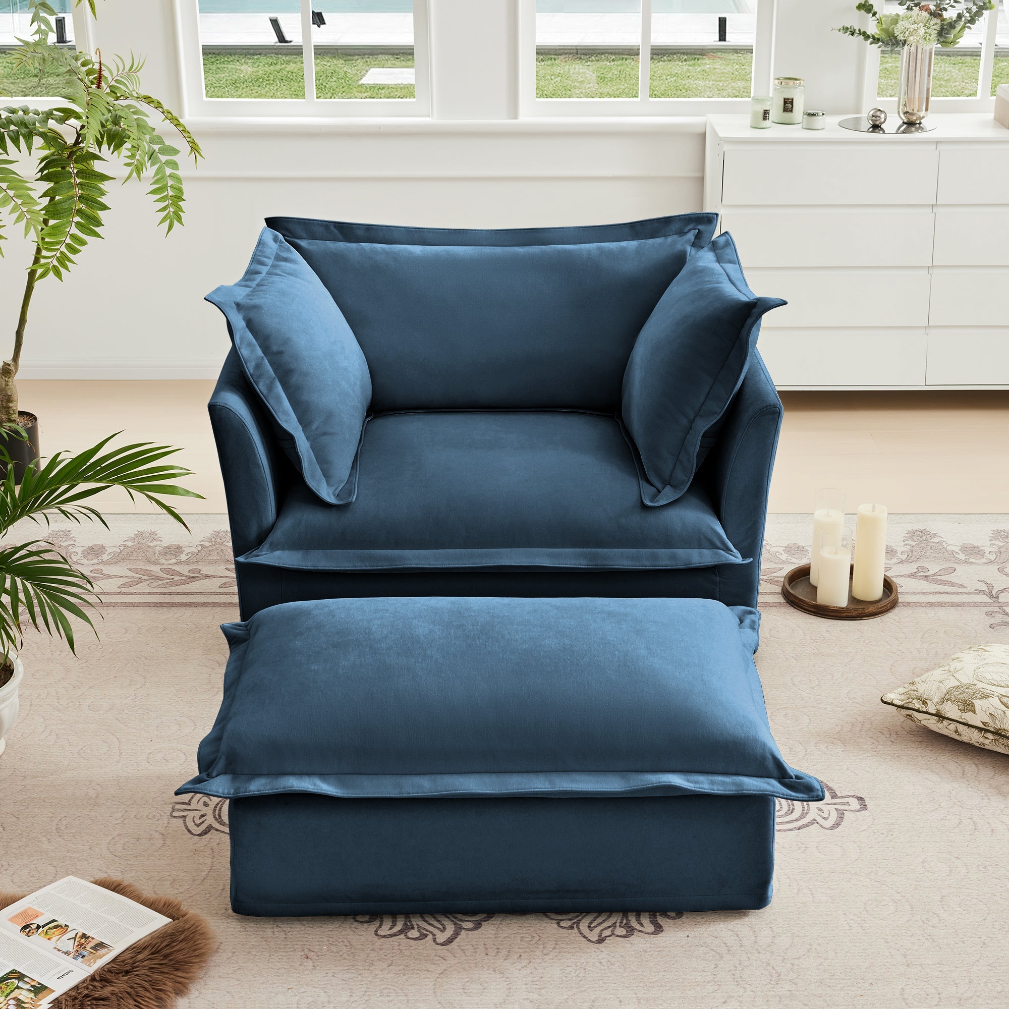 Walker Edison | Fauteuil bleu Cloud avec housse amovible et repose-pieds