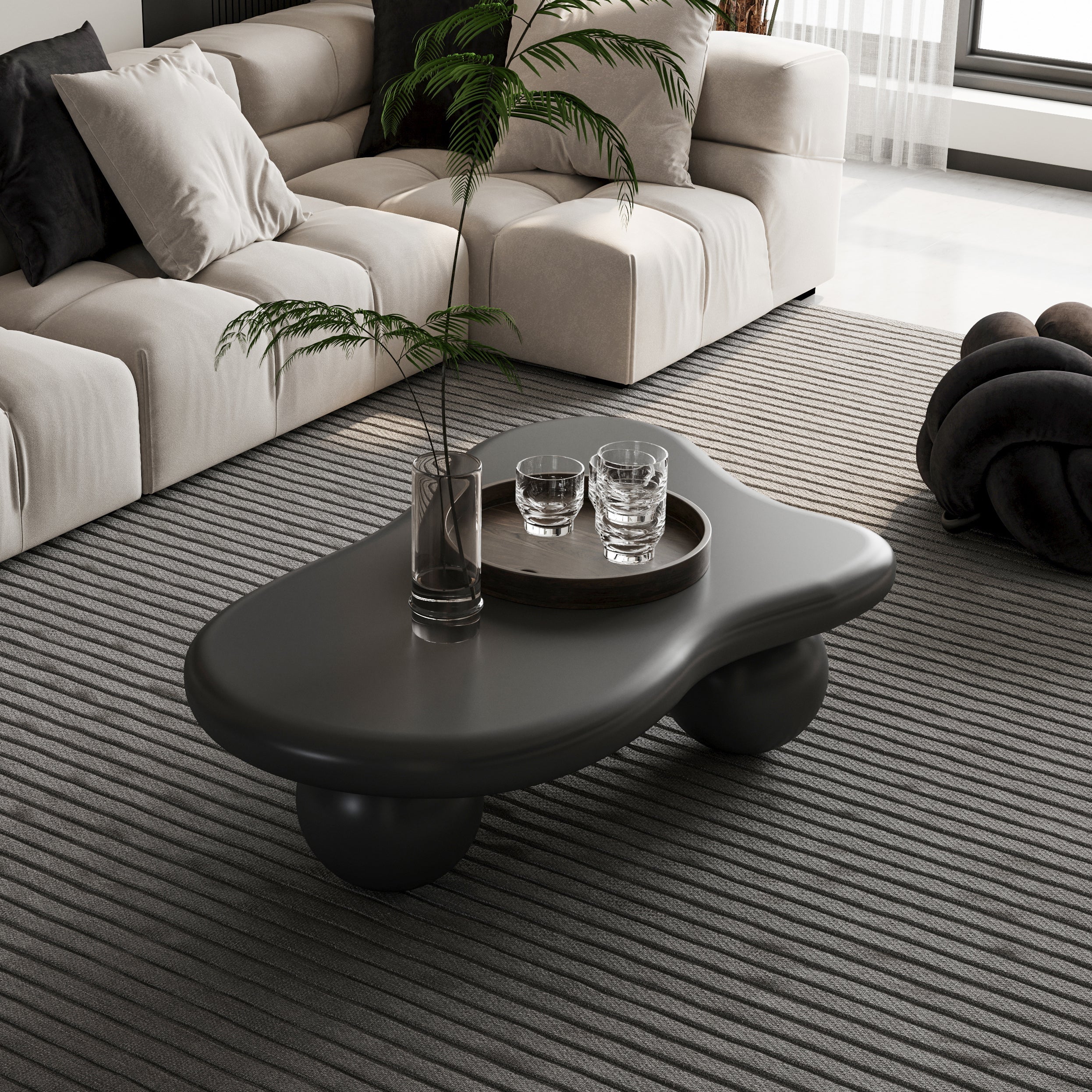 Table basse nuage de 101,6 cm (40 pouces) avec 3 pieds sphériques pour salon, noire