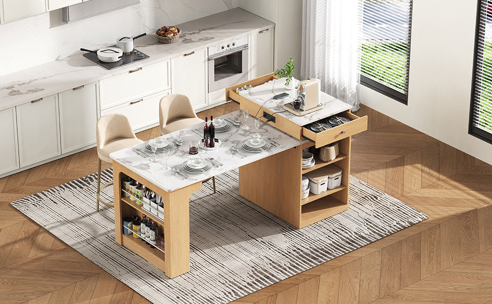 Îlot de cuisine de 181 cm avec table à manger extensible, nombreux rangements et prise électrique