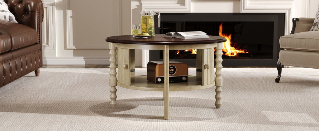 Table basse ronde de style traditionnel de 77 cm avec porte coulissante de rangement