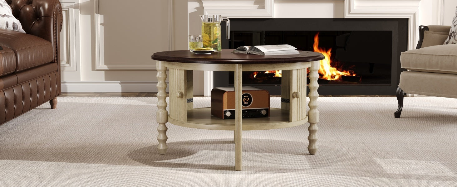Table basse ronde de style traditionnel de 77 cm avec porte coulissante de rangement