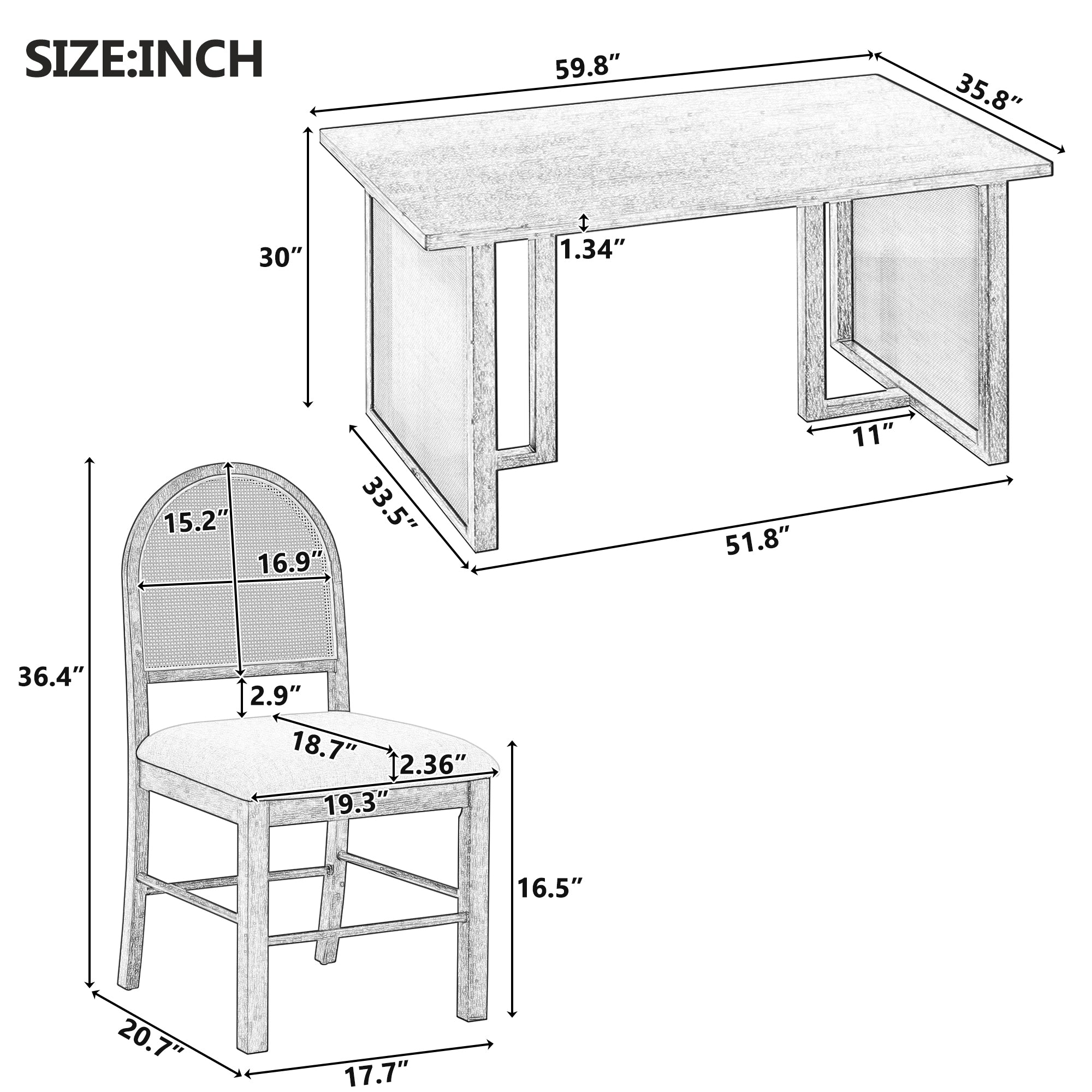 Ensemble de table et chaises de style campagnard en rotin bohème 7 pièces pour 6 personnes
