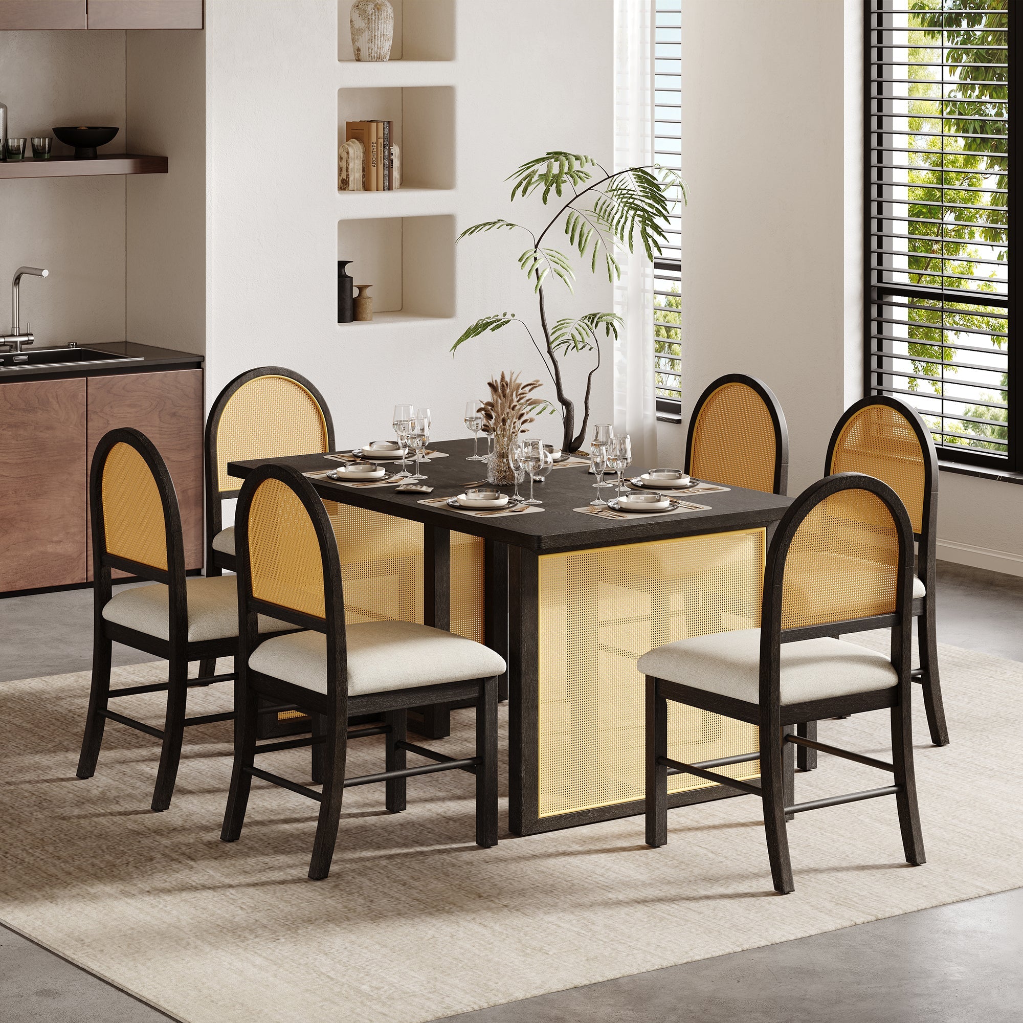 Ensemble de table et chaises de style campagnard en rotin bohème 7 pièces pour 6 personnes