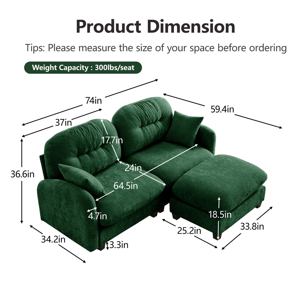 Canapé d'angle deux places en chenille capitonnée avec pouf 
