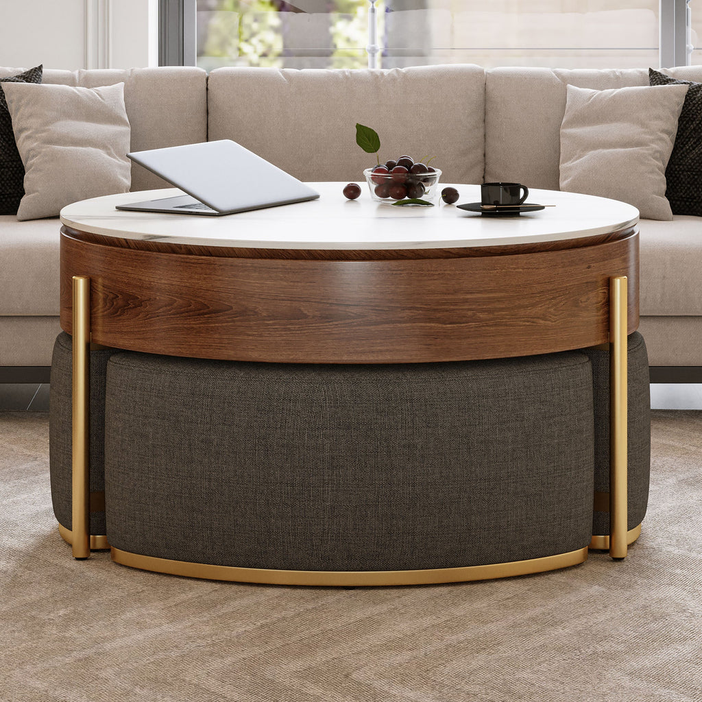 Walker Edison | Table basse ronde moderne à plateau relevable avec rangement et poufs gigognes 