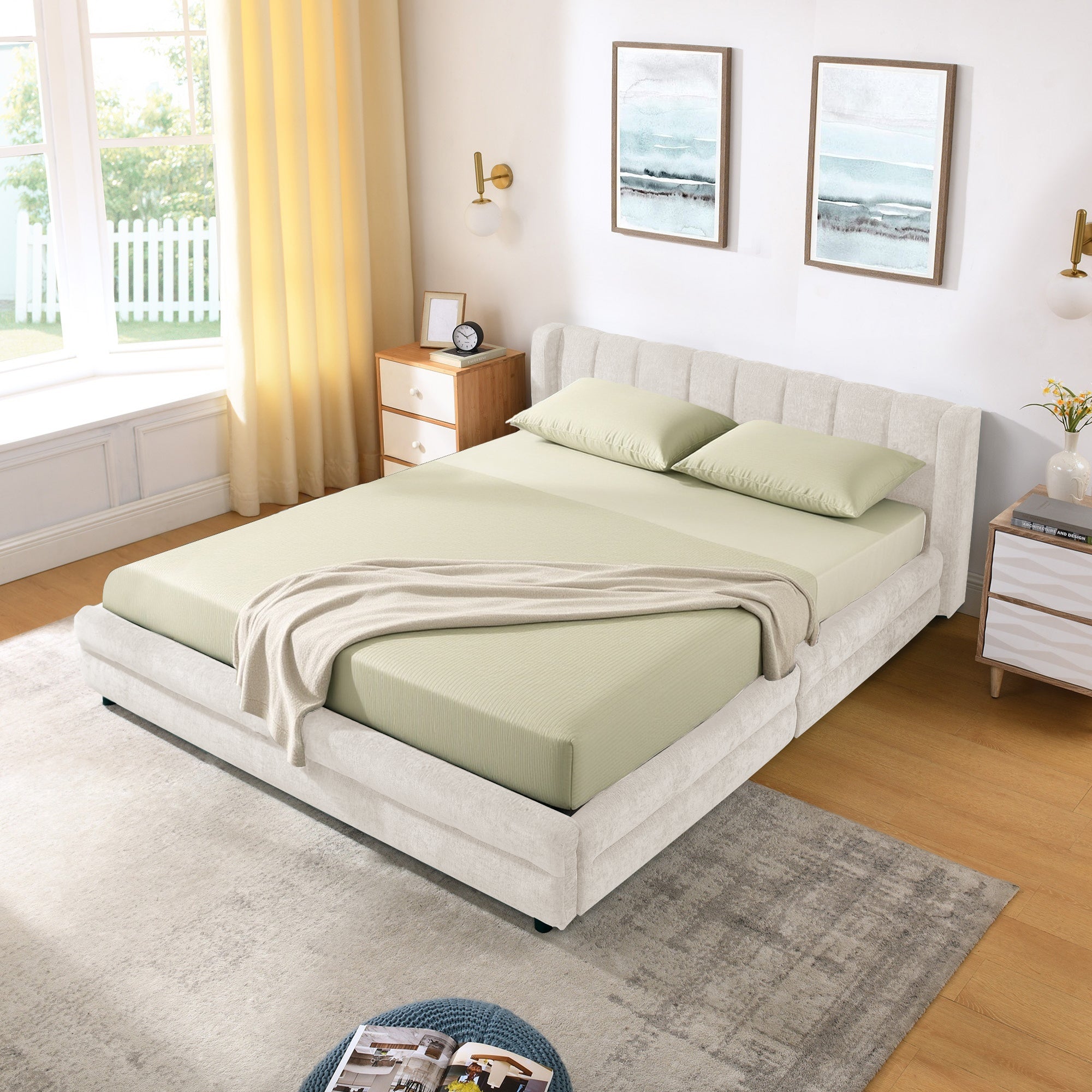 Cadre de lit rembourré en chenille, format queen, avec tiroirs 