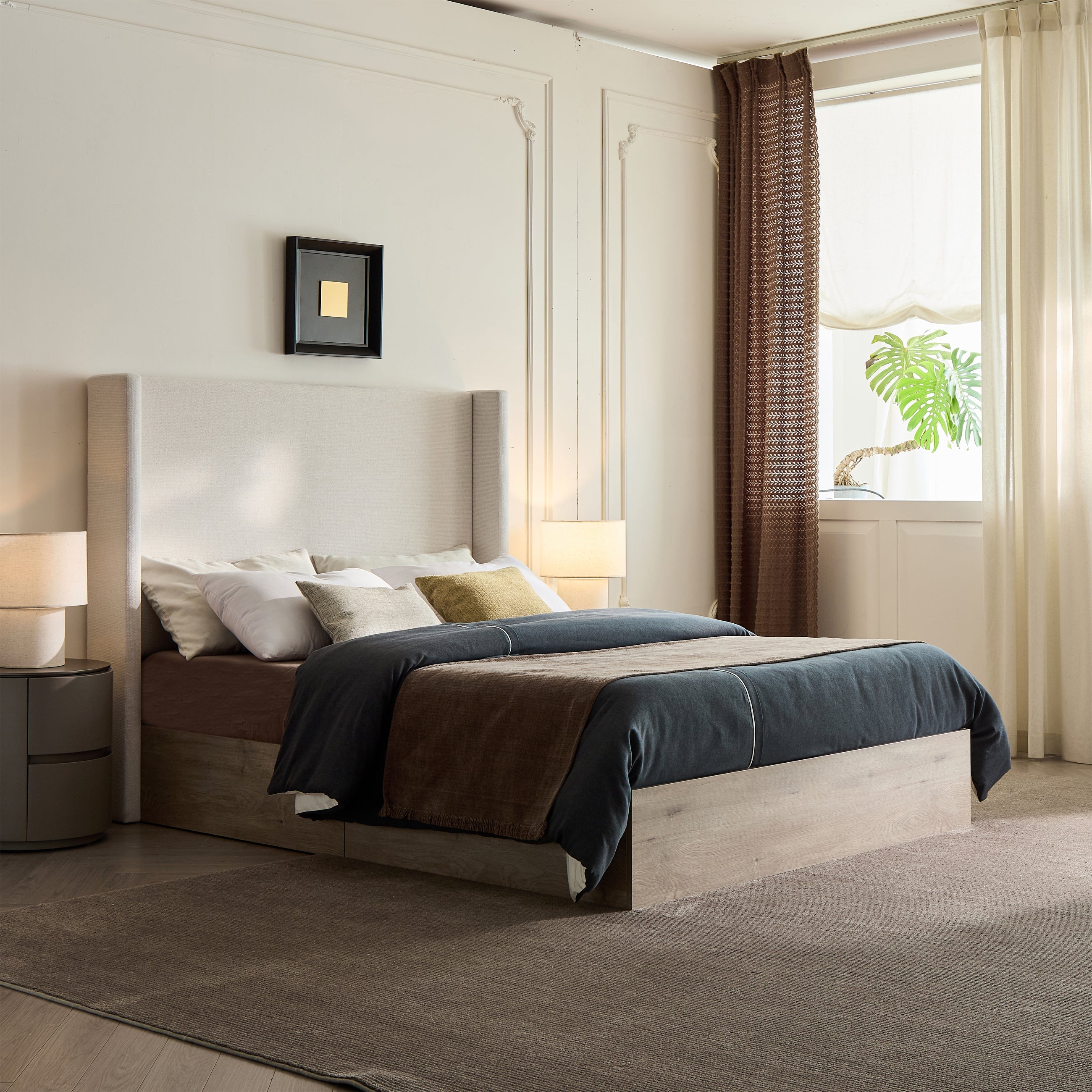 Walker Edison | Lit Shelton 54' Queen capitonné avec tête de lit à oreilles et sommier en bois