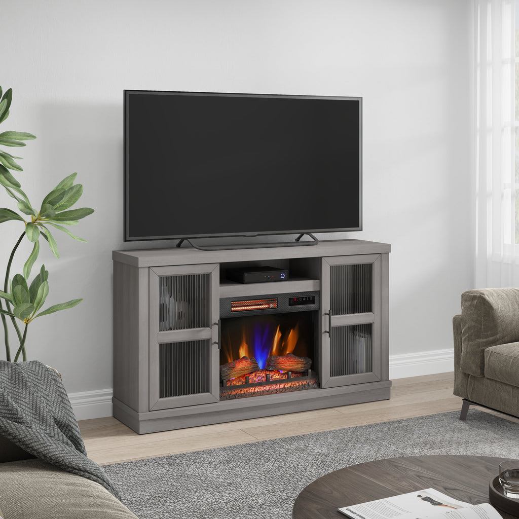 Duraflame ? Meuble TV avec cheminée électrique et porte en verre cannelé