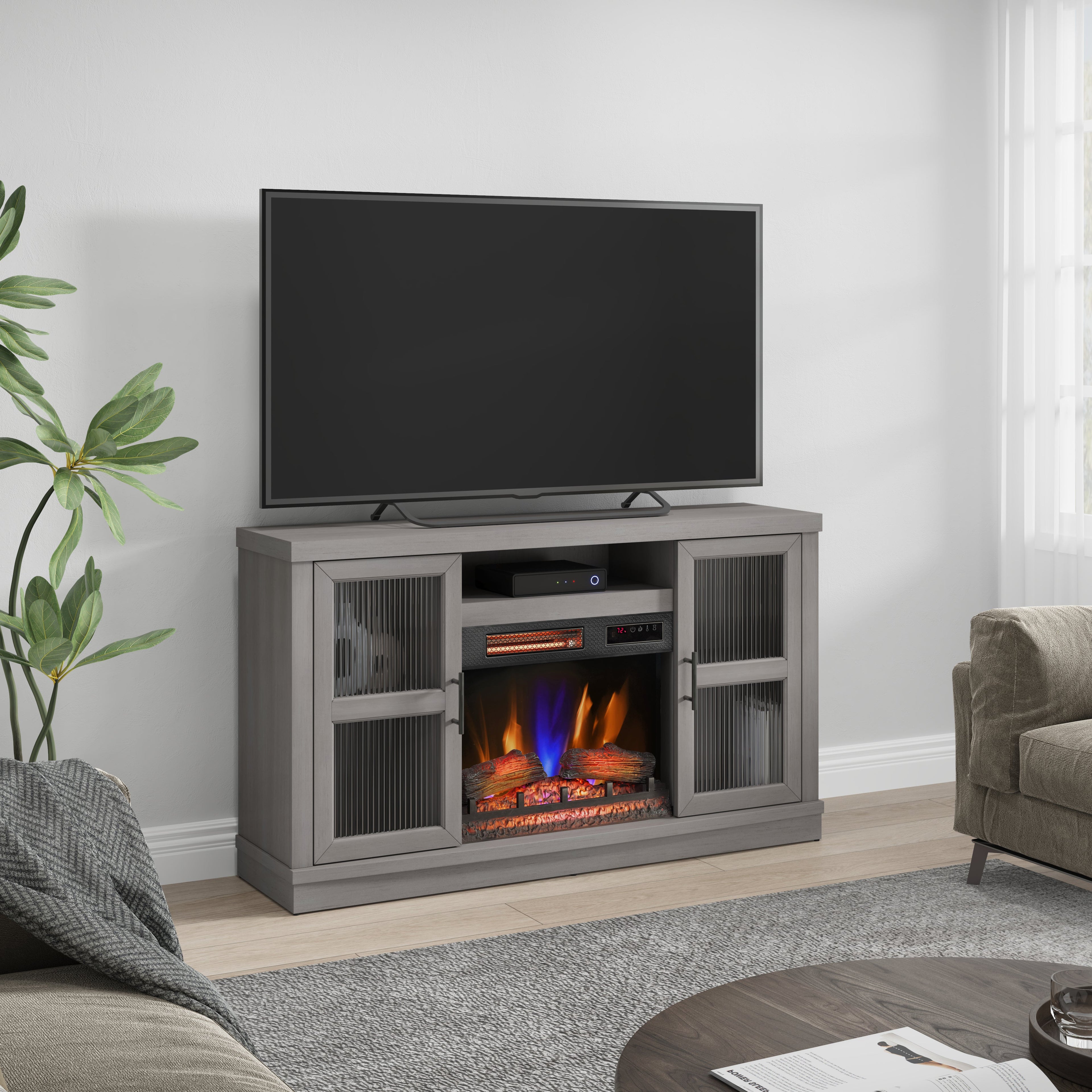 Duraflame ? Meuble TV avec cheminée électrique et porte en verre cannelé