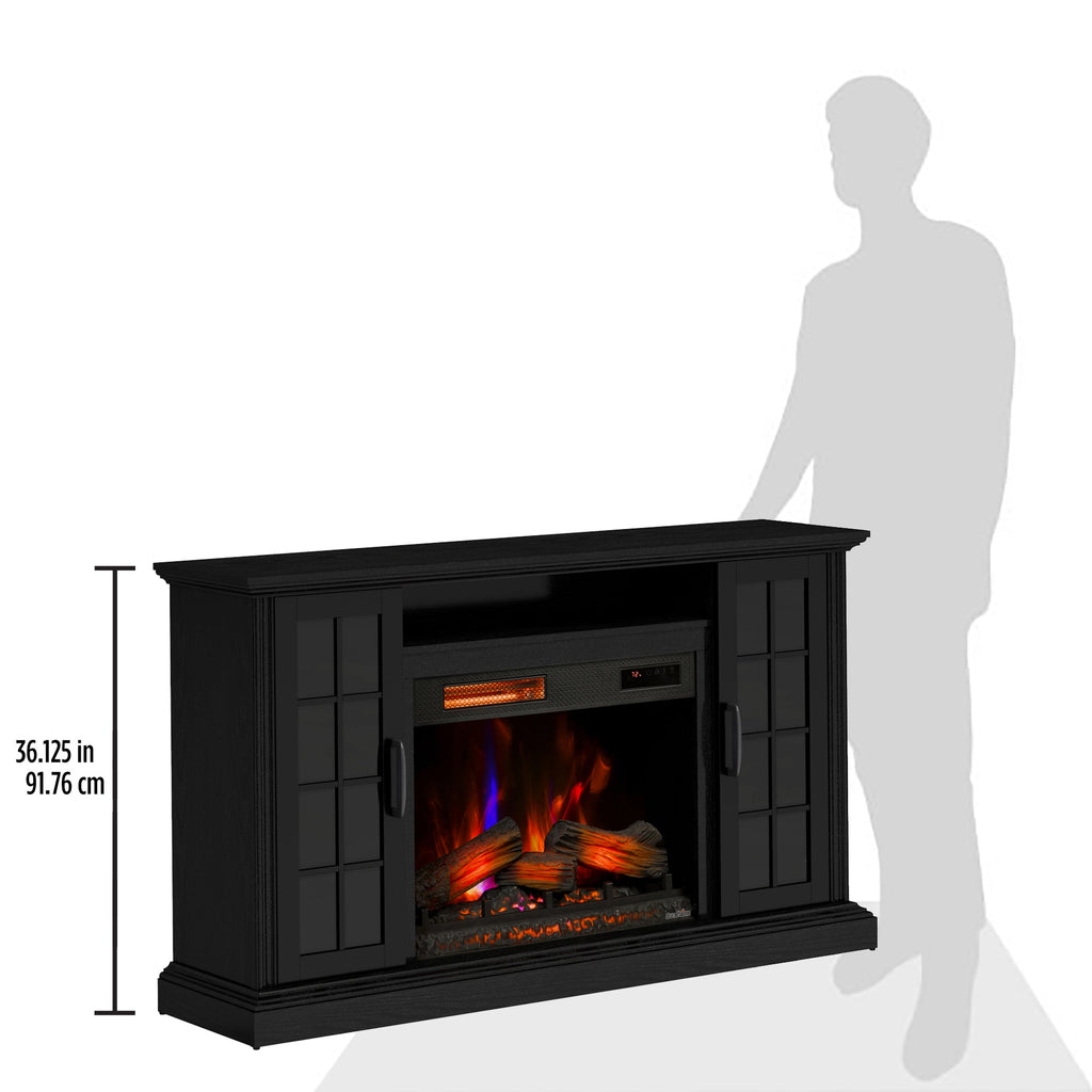 Duraflame ? Porte vitrée à carreaux, cheminée électrique, meuble TV, console multimédia