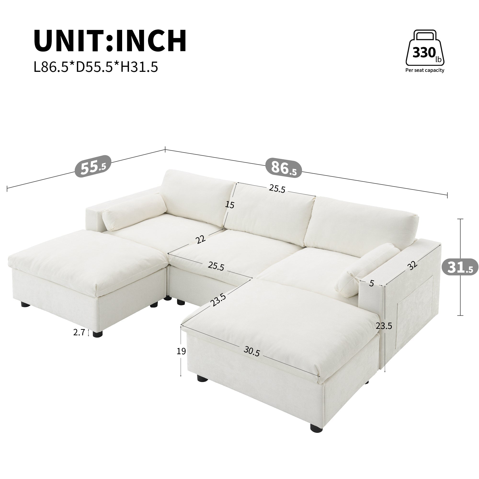 Canapé d'angle modulaire Cloud avec poches de rangement et 2 poufs amovibles