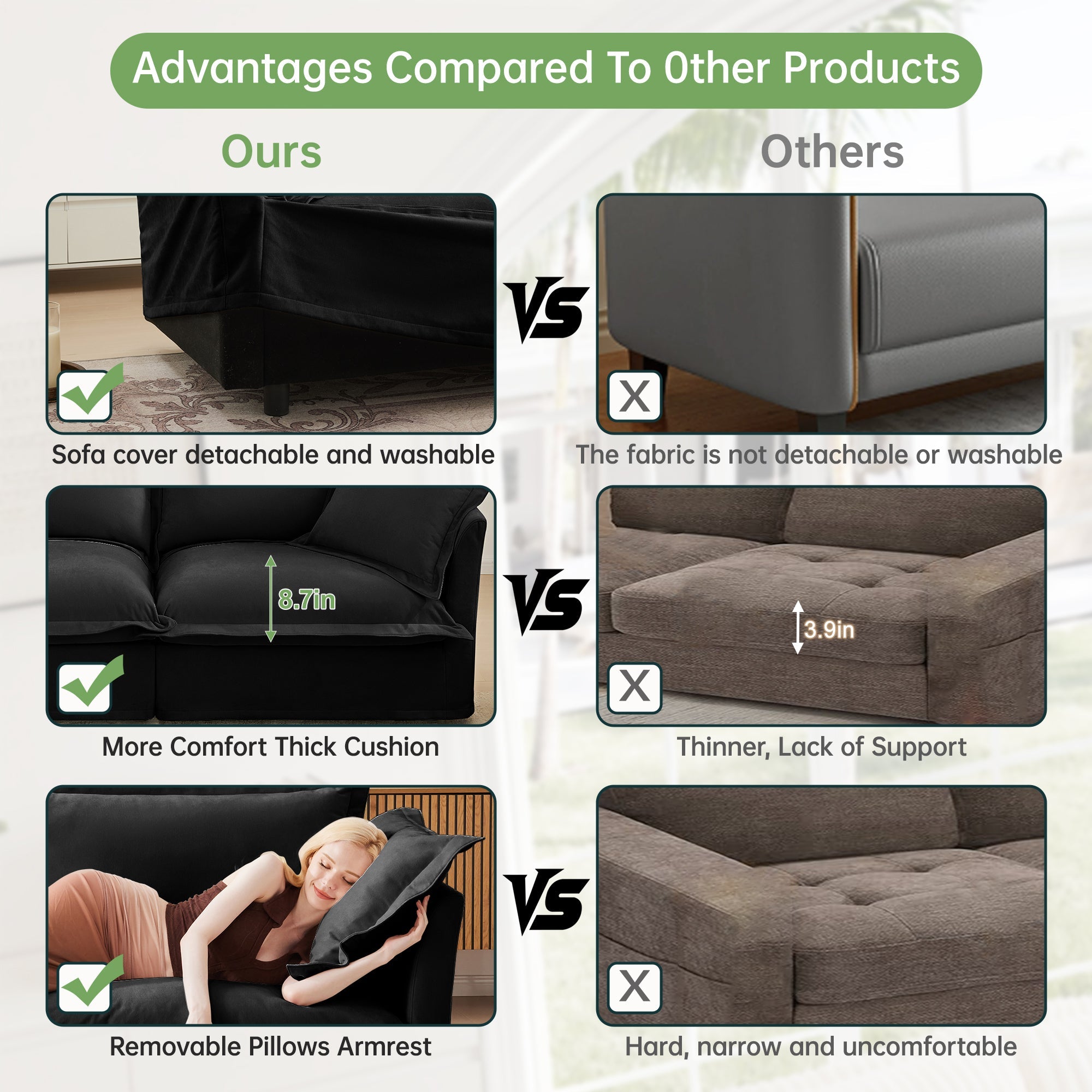 Walker Edison | Canapé deux places noir à assise large et profonde, déhoussable, avec pouf 