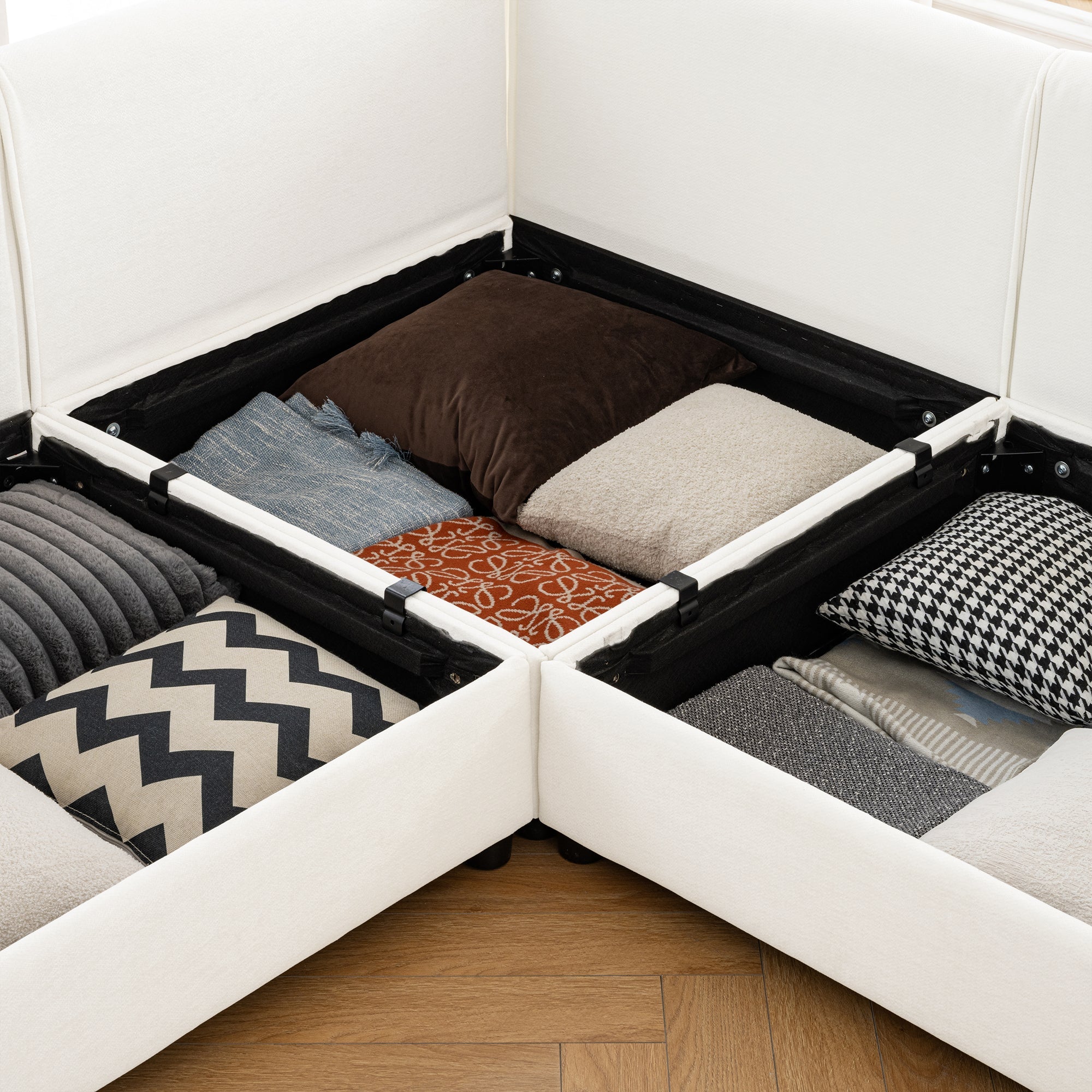 Walker Edison | Canapé d'angle contemporain en chenille blanche avec rangement et pouf