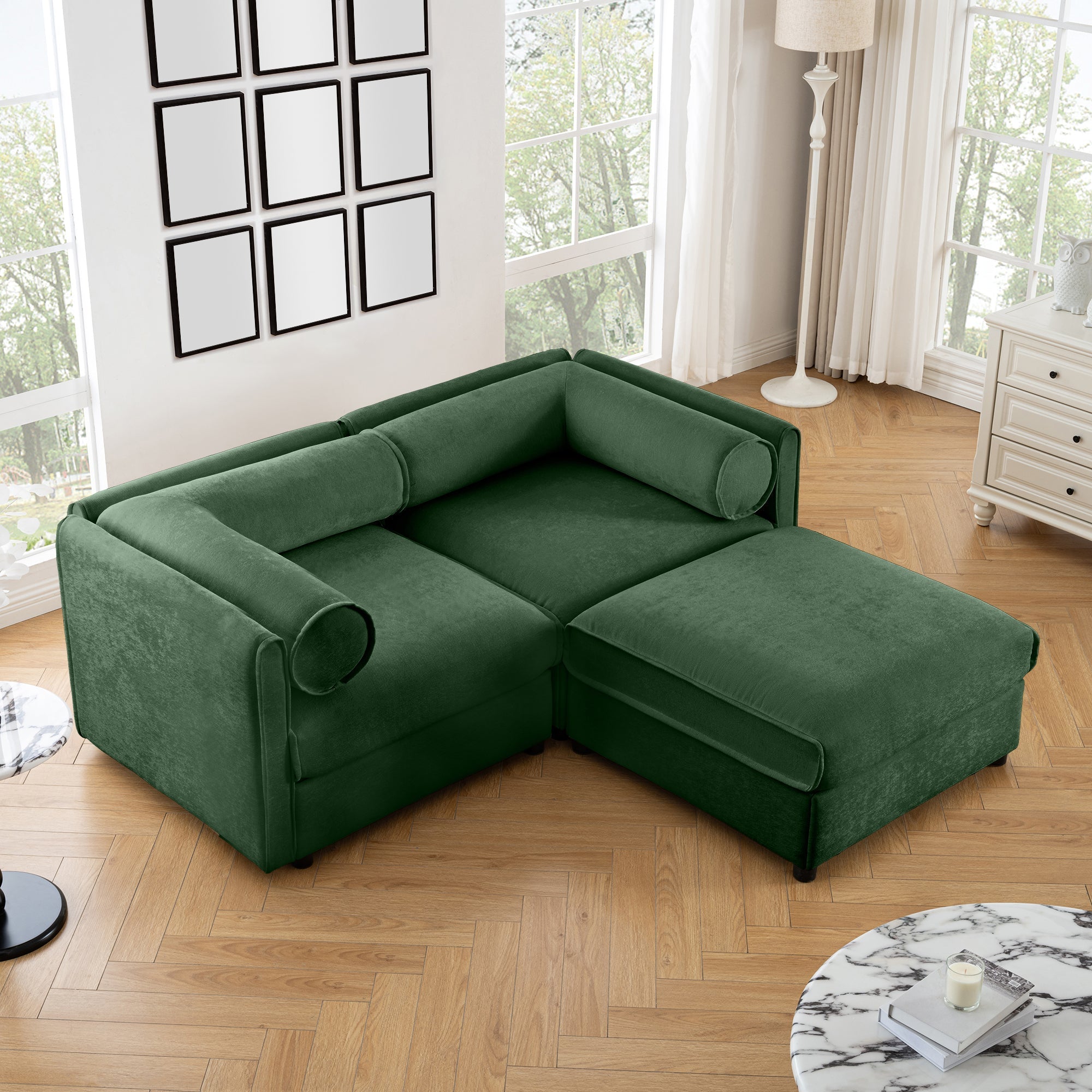 Walker Edison | Canapé 2 places moderne en chenille verte avec pouf de rangement