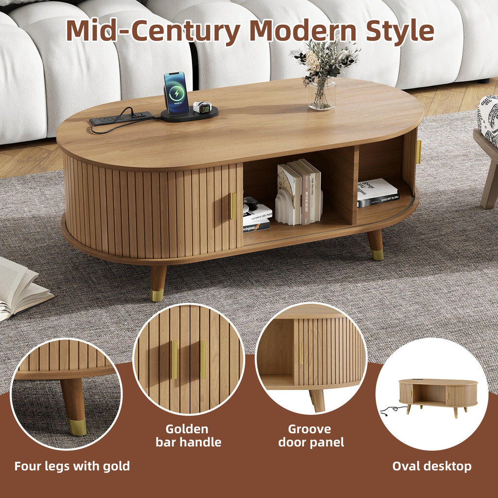 Ensemble de meuble TV et table basse ovales en teck cannelé, design incurvé, 3 pièces, pour téléviseurs jusqu'à 80 pouces. 