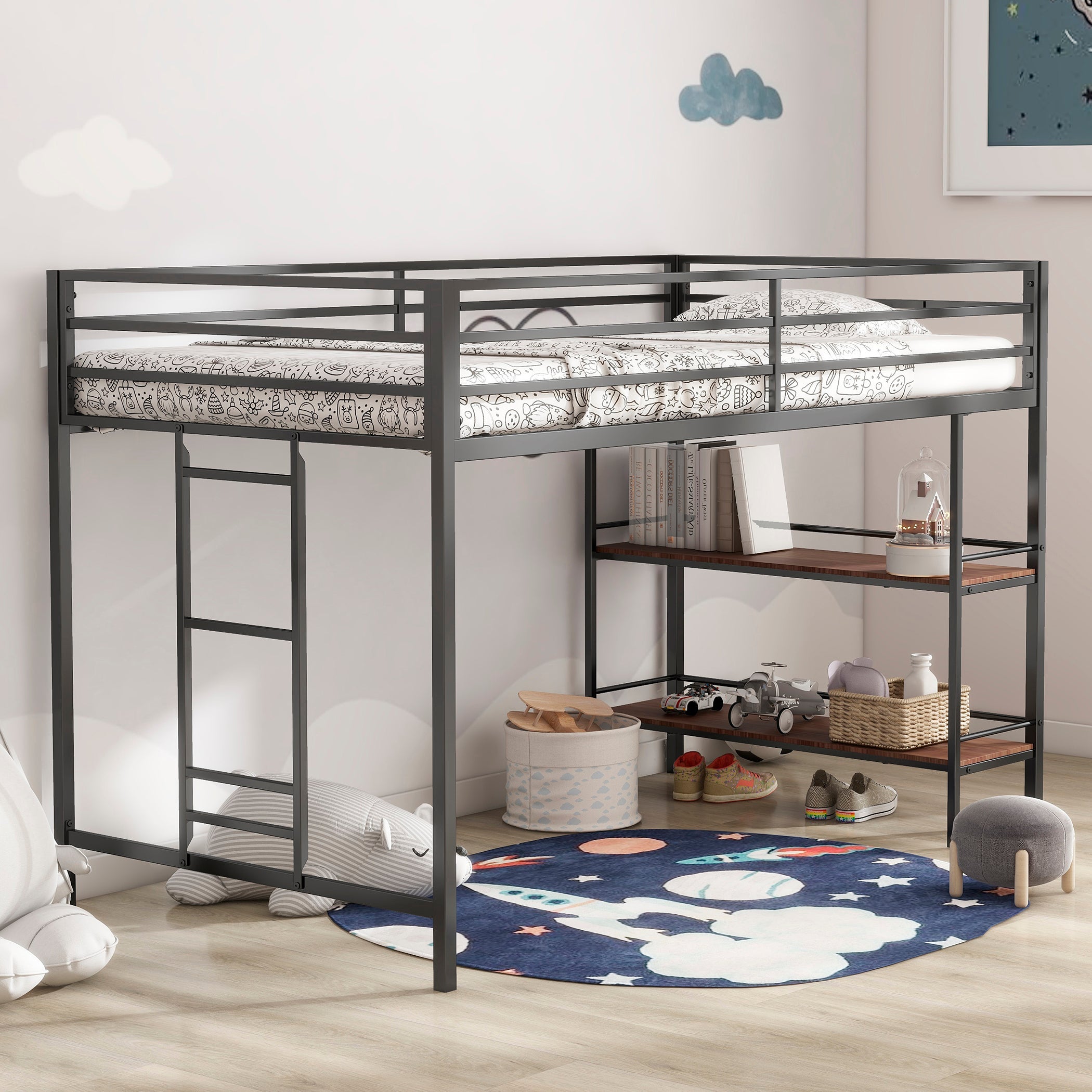 Walker Edison | Lit superposé mezzanine junior robuste noir avec étagère en bois