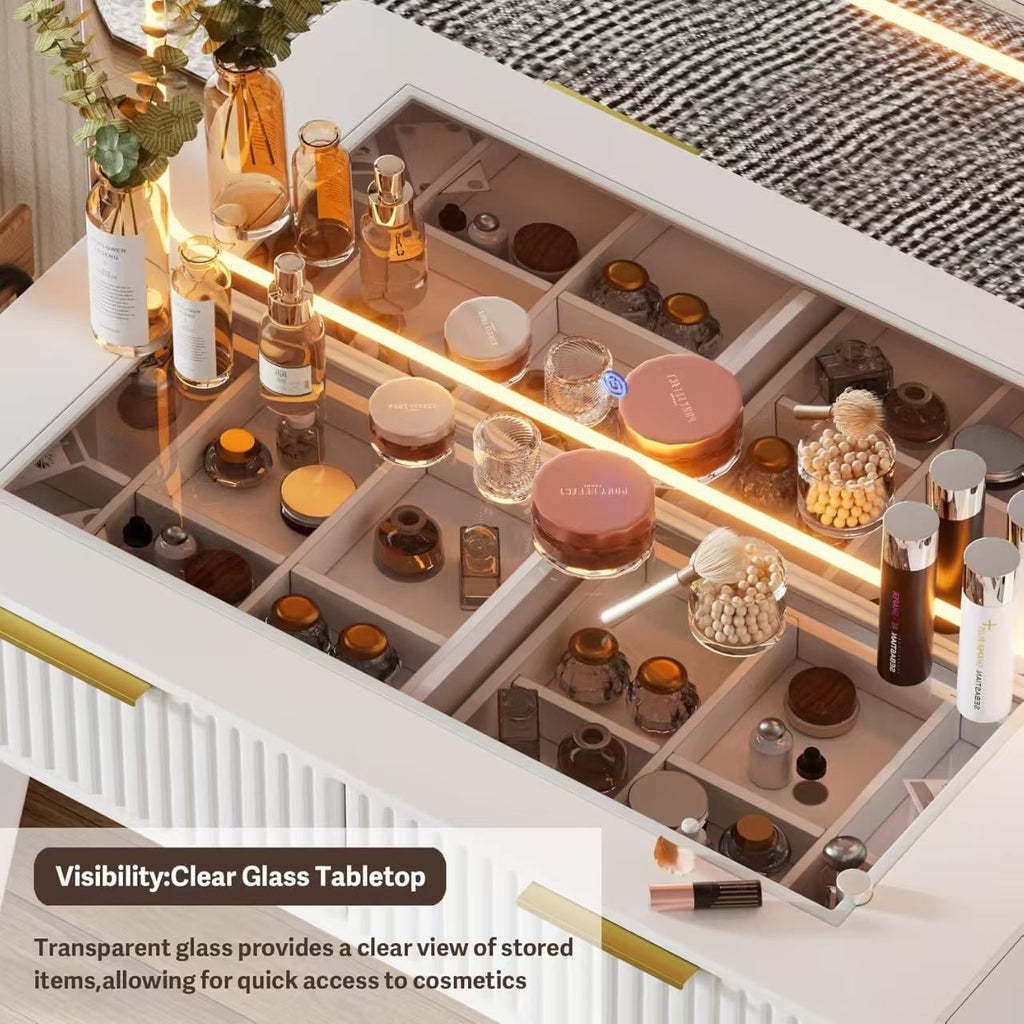 Walker Edison | Coiffeuse blanche cannelée avec miroir et éclairage, plateau en verre 