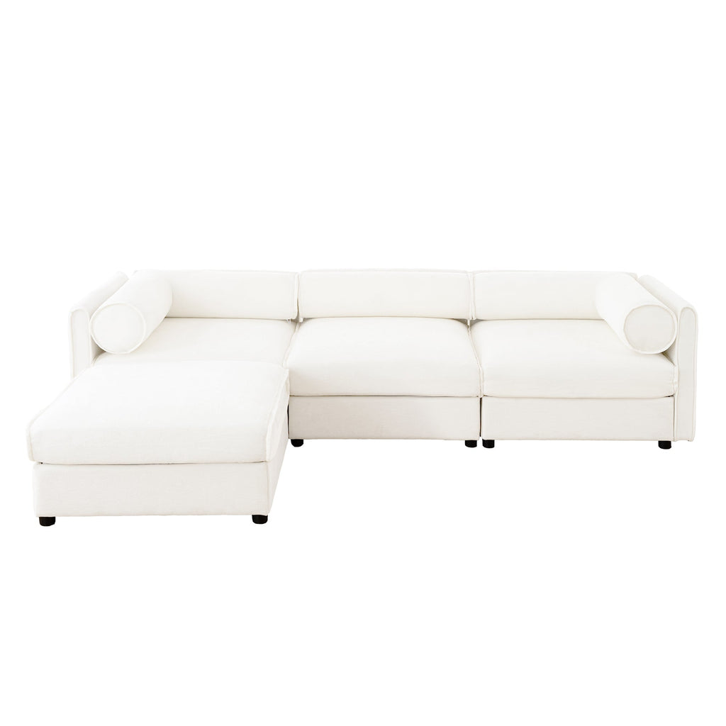 Walker Edison | Canapé d'angle contemporain en chenille blanche avec rangement et pouf