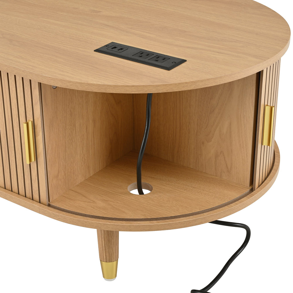 Ensemble de meuble TV et table basse ovales en teck cannelé, design incurvé, 3 pièces, pour téléviseurs jusqu'à 80 pouces. 
