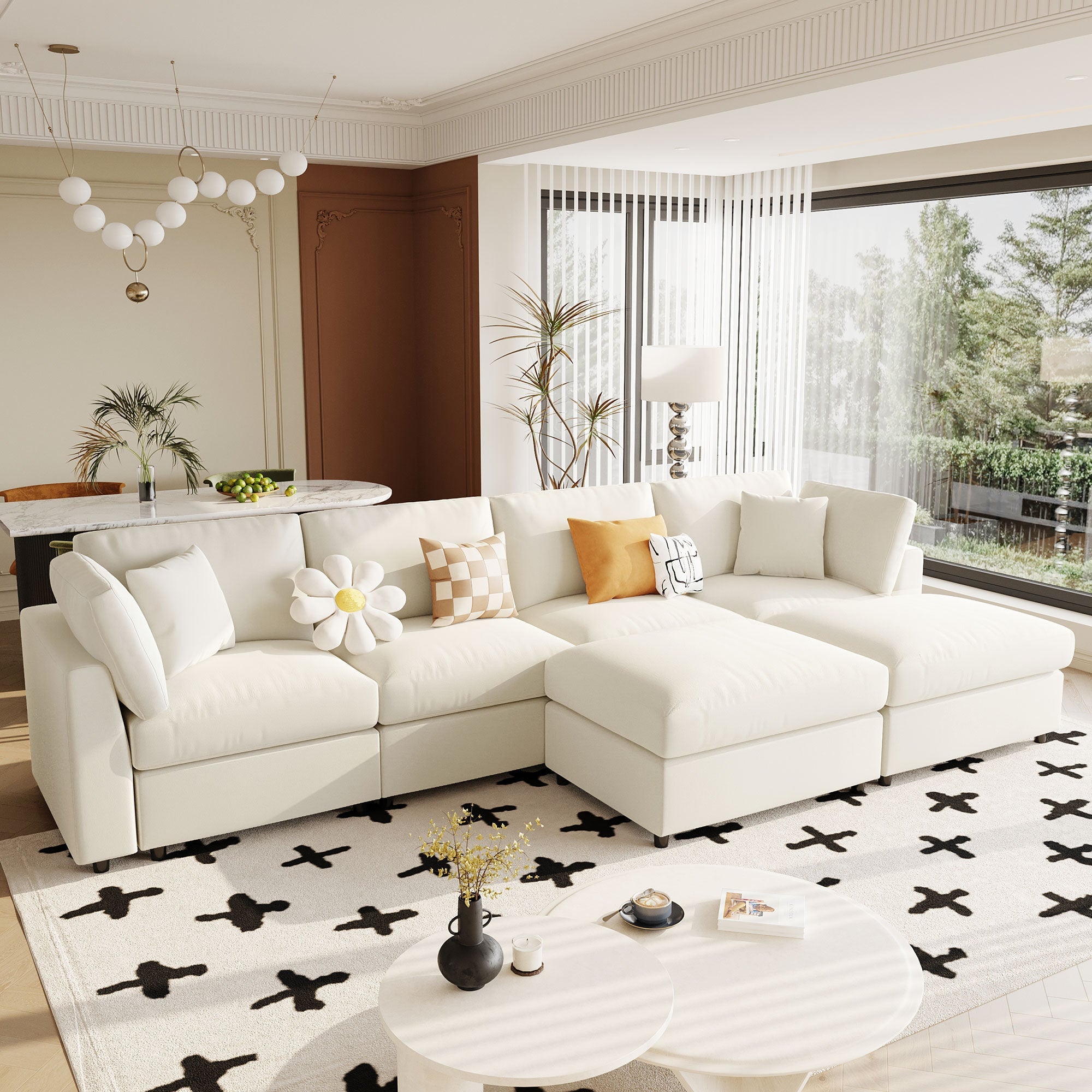 Canapé d'angle modulaire moderne en chenille en forme de U avec deux poufs