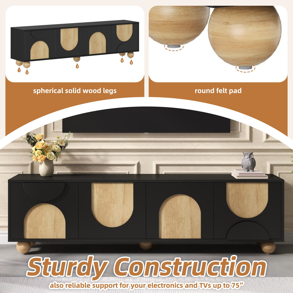 Meuble TV moderne bicolore de 69,6 pouces aux formes incurvées et pieds boules.