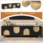 Meuble TV moderne bicolore de 69,6 pouces aux formes incurvées et pieds boules.