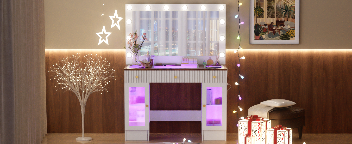 Walker Edison | Coiffeuse avec grand miroir et ampoules de style hollywoodien